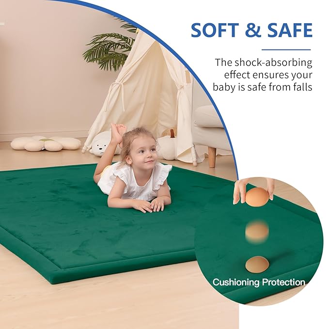 Baby Play Mat for Floor,1.3" Thick Memory foam Tummy Time Mat for Toddlers,Infants,kids,Water-Repellent Soft Nursery Rug ,71"×79" Extra Large Non Slip for Crawling&Yoga,Tatami Style for Living Room(Dark Green)