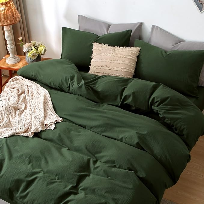 MooMee Bedding Duvet Cover Set 100% Washed Cotton Linen Like Textured Breathable Durable Soft Comfy (Solid Forest Green, Super Queen 90"x98")