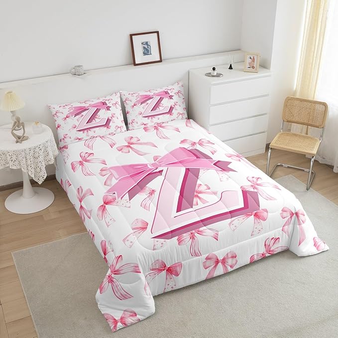 jejeloiu Kids Girls Cute Pink Bow Comforter Set Full Size Monogrammed Bedding Set Ultra Soft Personalized Initial Z Duvet Quilt Coquette Bow Knot Quilt Set Room Decor Modern Fashion Comforter