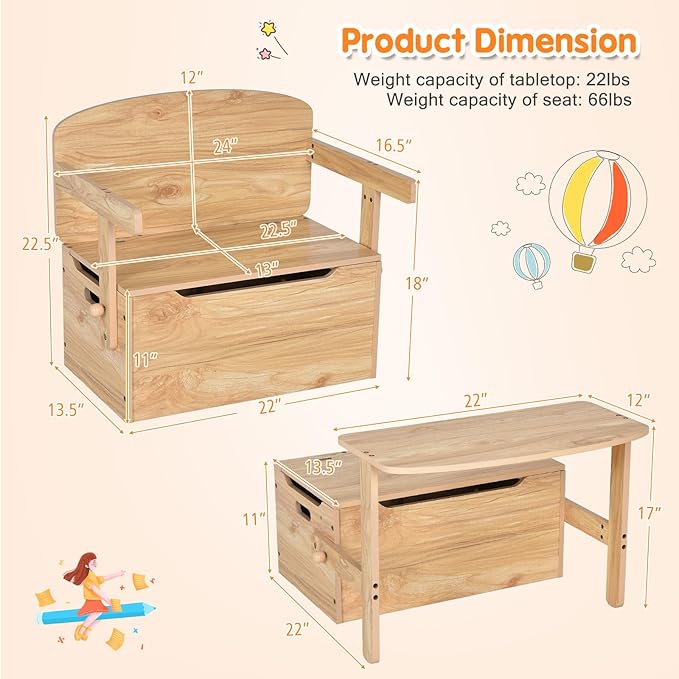 Costzon Kids Table and Chair Set, Convertible Toy Storage Bench with Built-in Handle for Kindergarten, Preschool, Kids Room, Playroom, Wood Reading Nook for Toddler Boys Girls Ages 3 to 7 (Natural)