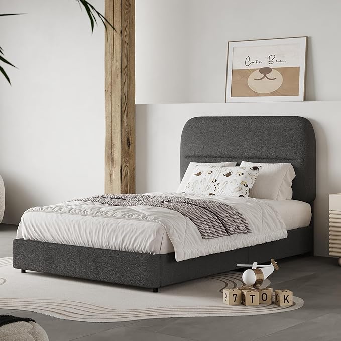 HOMBCK Twin Bed Frames, Upholstered Twin Bed Frame with Rounded Headboard, Soft Modern Twin Size Boucle Bed Frame with Thickened Footboard, Rounded Corners, No Box Spring Needed, Easy Assembly, Grey
