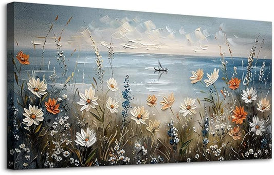 MHARTK66 Large Wall Art For Bedroom Canvas Wall Decor For Living Room Flowers Wall Paintings Blue Ocean Landscape Pictures Artwork Modern Home Decorations For Office Ready To Hang 30"X60"