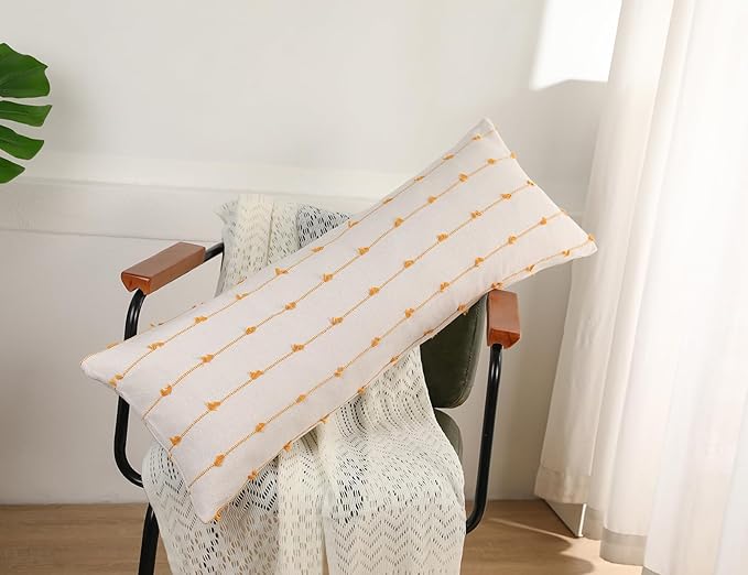 Long Lumbar Throw Pillow Cover 16x36,Stripe Pattern Cotton Yellow Boho Extra Long Decorative Pillow Cover Pillow Case Cushion Cover for Bed Sofa Couch Farmhouse,Skinny Modern Accent