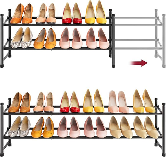 Tajsoon Expandable Shoe Rack for Closet 2 Tier, 28“-41“ Adjustable & Stackable Shoe Shelf Storage, Metal Shoe Rack Organizer for Front Door Entrance, Closet, Garage, Entryway, Black