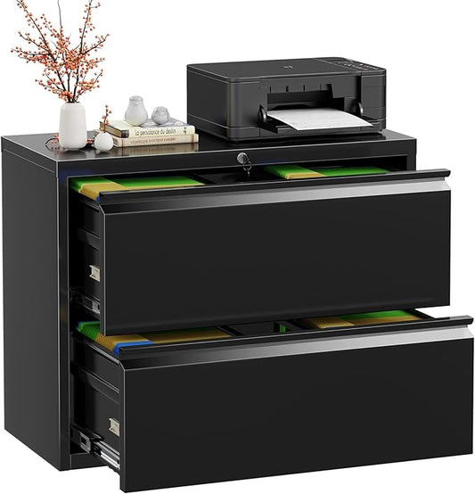 Bonusall Lateral File Cabinet 2 Drawer, Metal Lateral Filing Cabinet with Lock, Locking Horizontal Drawers File Cabinets for Legal/Letter / A4 / F4 Size for Home Office, Steel, Heavy Duty, Black