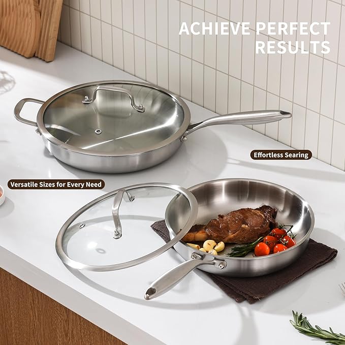12-Inch Tri-Ply Stainless Steel Pan, PFOA and PTFE-Free Skillet Griddle, Stainless Steel Pan Set with Lid for the Kitchen, Induction-Compatible Cookware Sets, Dishwasher and Oven Safe