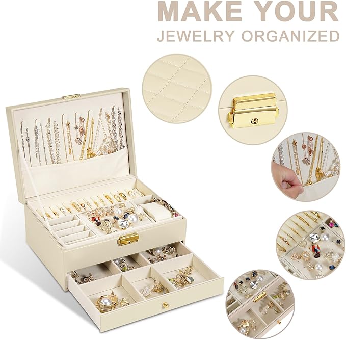 2-Layer Jewelry Box for Women, Jewelry Organizers and Storage with Removable Jewelry Tray, Vintage Quilted Top Lockable Jewelry Holder Gift Idea Apricot