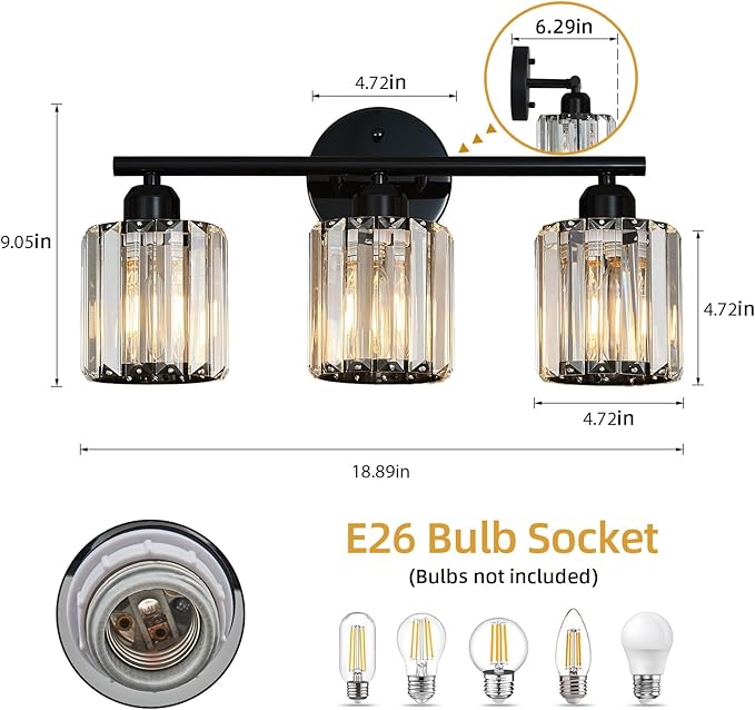 Modern 3 Light Crystal Vanity Light, Plating Black Vertical Bathroom Light Fixture Over Mirror for Dressing Table Sink, Compatible with Dimmable Bulbs (Bulbs Not Included)
