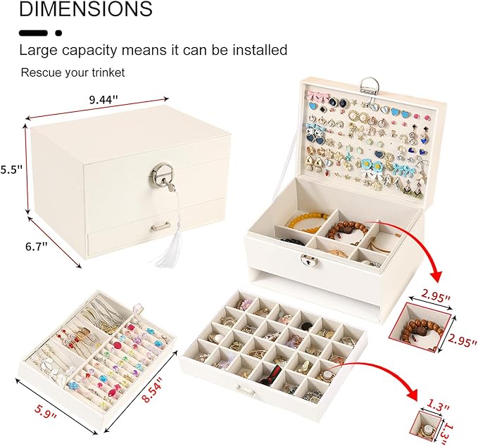 BOOVO Earring Jewelry Box For Women Girl Stud Organizer, 5 Layers Girl Jewelry Organizer Box With Lock Earring Holder Organizer Necklace Ring Jewelry Organizer Box For Girls (White, 5 layer)