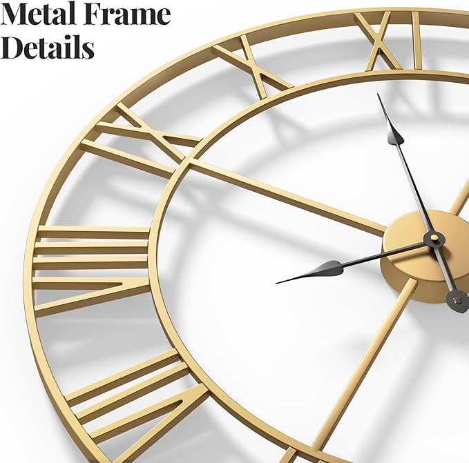 Gold Wall Clock 16 Inch Metal Decorative Clock for Living Room, Battery-Operated Completely Silent Non Ticking Round Modern Wall Clock -Roman Number