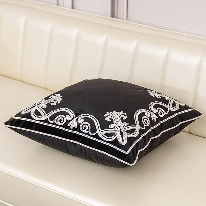 Aeckself European Floral Pillow Cover 20x20 Inch, Luxury Velvet Embroidered Decorative Throw Pillow Cover for Couch Bedroom Living Room, Black and White