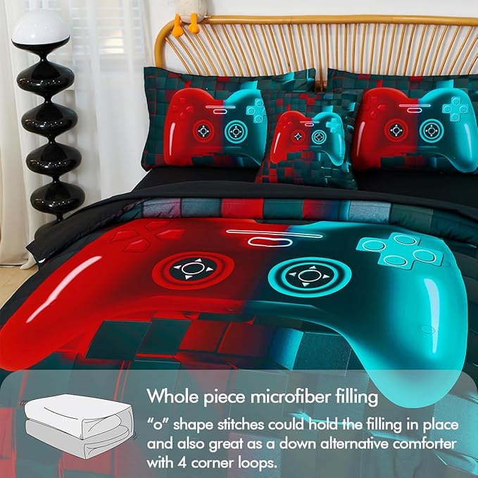 PERFEMET 6 Pcs Gaming Comforter Sets for Teen Boys Red and Teal Game Kids Bed in A Bag with Sheet Set 3D Cool Soft Lightweight Video Game Bed Set(Red Teal, Queen)
