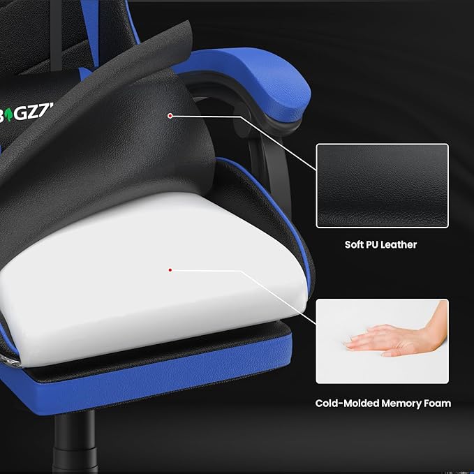 Gaming Chair with Footrest, High Back Ergonomic Computer Gamer Chair with Headrest and Lumbar Support, Racing Style Reclining Game Chair for Adults, Kids (Blue-Black)