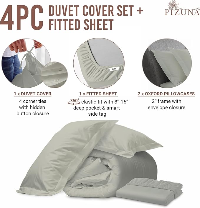 Pizuna 100% Cotton King 3 Pc Duvet Cover + 1 Pc Fitted Sheet Set 400 Thread Count Silver Sateen Weave Luxurious Long Staple Cotton 4 Piece Bedding Set - 1 Duvet Cover, 2 Pillow Shams, 1 Fitted Sheet