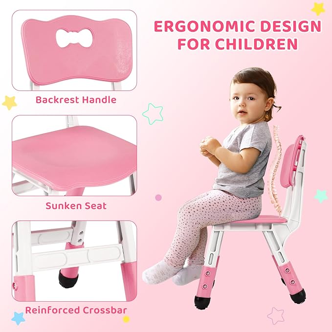 Arlopu Kids Table and 4 Chair Set, Height Adjustable Toddler Table and Chair Set, Non-Slip Legs, Graffiti Desktop, Large Children Activity Table, Reading Daycare Classroom Home (Pink)