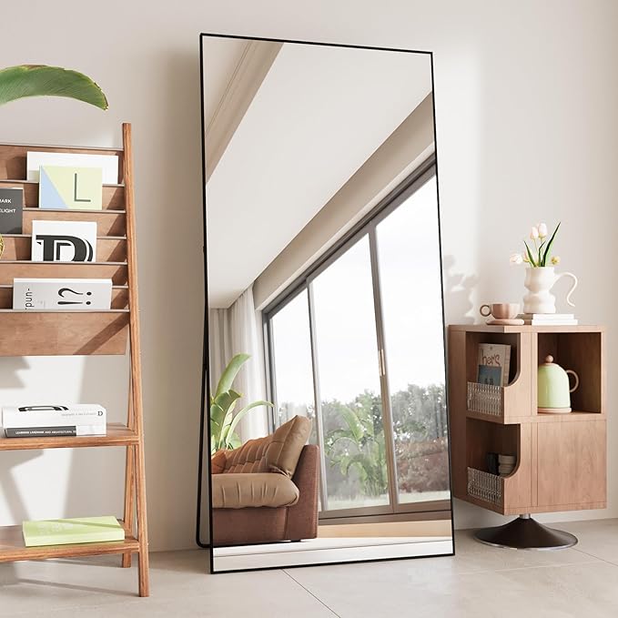 FANYUSHOW Full Length Mirror, Standing Hanging or Leaning Body Mirror, Simple Rectangle Design, Aluminum Alloy Thin Frame, Floor Mirror for Bedrooms, Bathrooms, Living Room 65"x22" (Black)