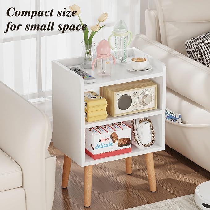 LUCKNOCK Mid Century Modern Nightstand, White Wood Bedside Table, 3 Tier Tall End Side Table with Open Storage Shelves, Small Night Stand for Bedroom, Kids Room & Small Spaces.