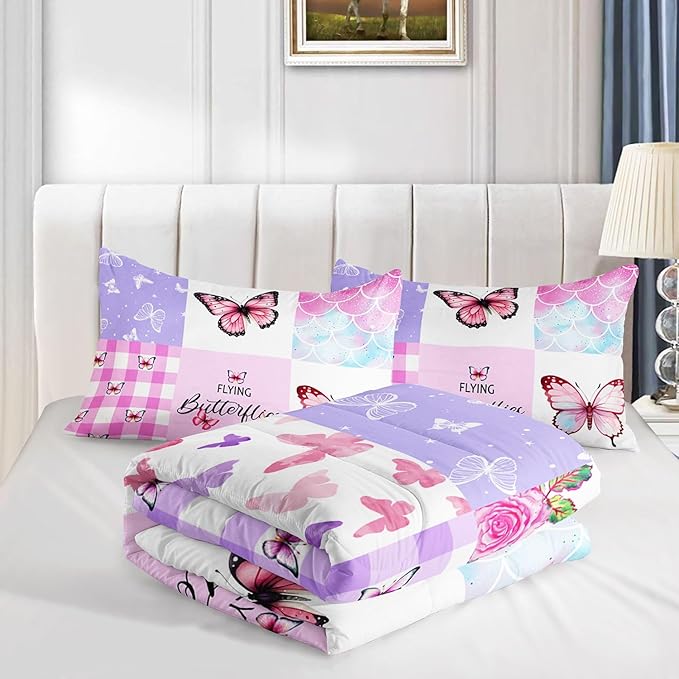 Kids Comforter Set Mermaid Scale Butterfly Printed Pattern Bedding Set with 1 Comforter and 2 Pillowcases for Girls Boys Bedroom All Season(Mermaid1 Queen)