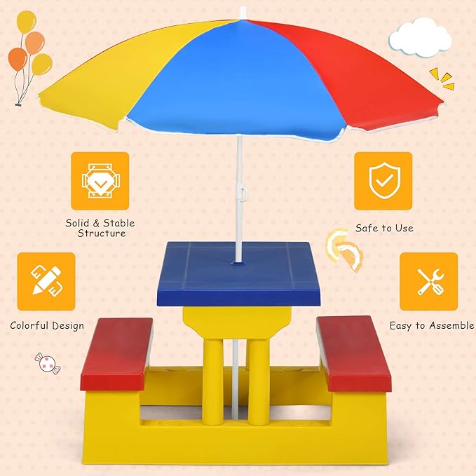 Costzon Kids Picnic Table, Indoor & Outdoor Table and Bench with Removable Umbrella, Portable Toddler Picnic Table and Chair Set for Garden, Backyard, Patio