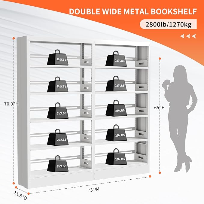 71" Metal Book Shelf, 5 Tier Bookshelf with Adjustable Shelves, Bookshleves and Bookcases, Heavy Duty Library Book Case, Expandable Combination Bookshelf (White, 72.8" W)