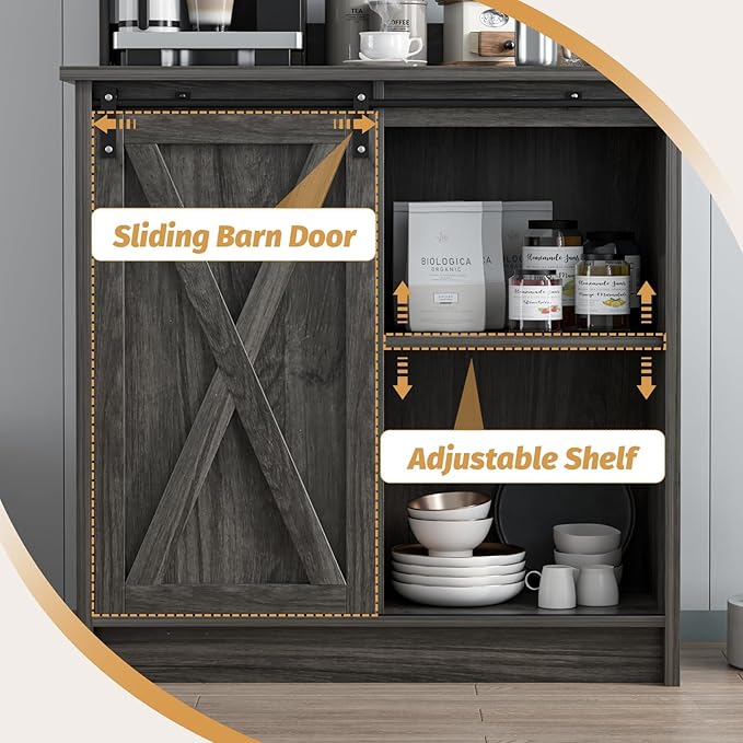 4ever2buy Farmhouse Coffee Bar Cabinet with Storage, Grey Coffee Bar with 6 Hooks, Buffet Table with Sliding Barn Door, Wine Bar Cabinet with Adjustable Shelf for Living Dining Roome