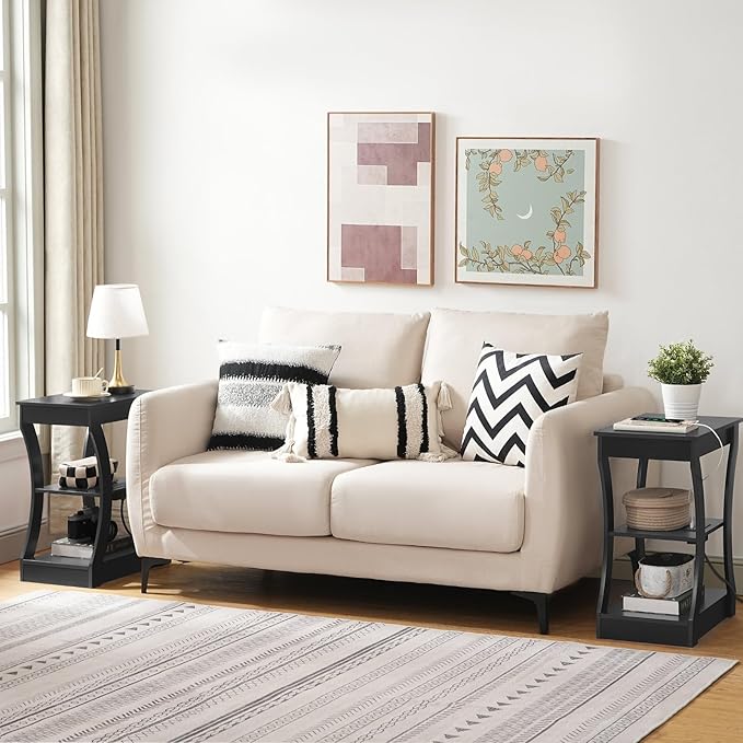 End Table with Charging Station, Set of 2, Side Table with USB Ports and Outlets, 3 Tier Nightstand with Storage Shelf for Small Spaces, Living Room, Bedroom, Black ETBK53E01S2