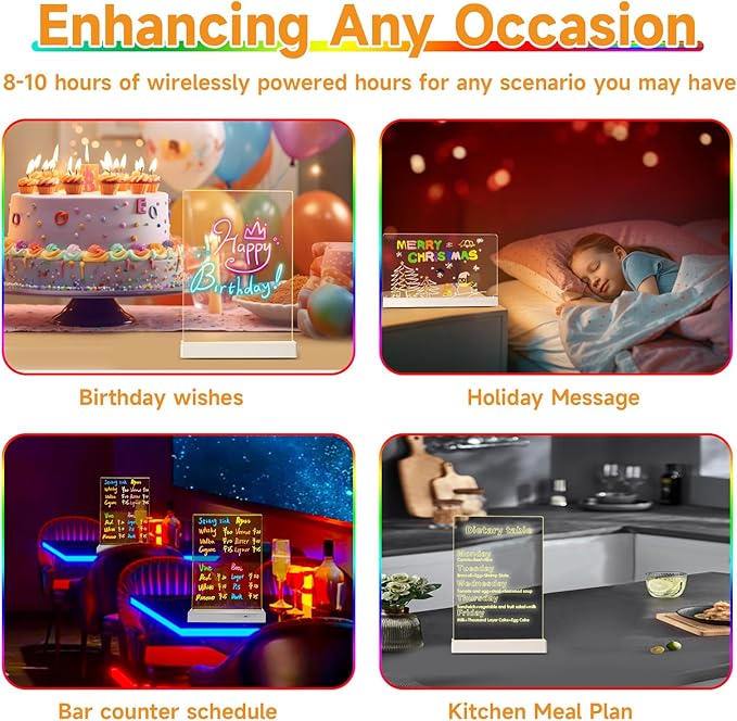Clear Dry Erase Board, Rechargeable LED Acrylic Message Board, Acrylic Illuminated Dry Erase Board, Can be Used as Night Light for bar/Shop/Office/Holiday/Gifts (Horizontal13.7 * 8.2inch)