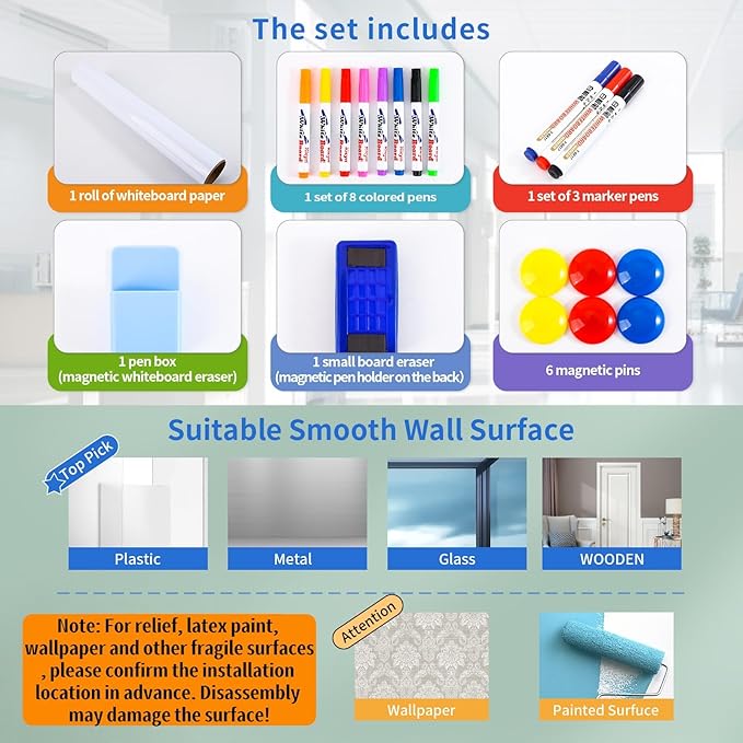 Magnetic Dry Erase Whiteboard 42"x24"- Self-Adhesive Flexible Wall Board Kit with 11 Markers, 6 Magnets, Magnetic Eraser & Holder - Ultra Smooth Writing,Effortless Clean for Office, Home, School