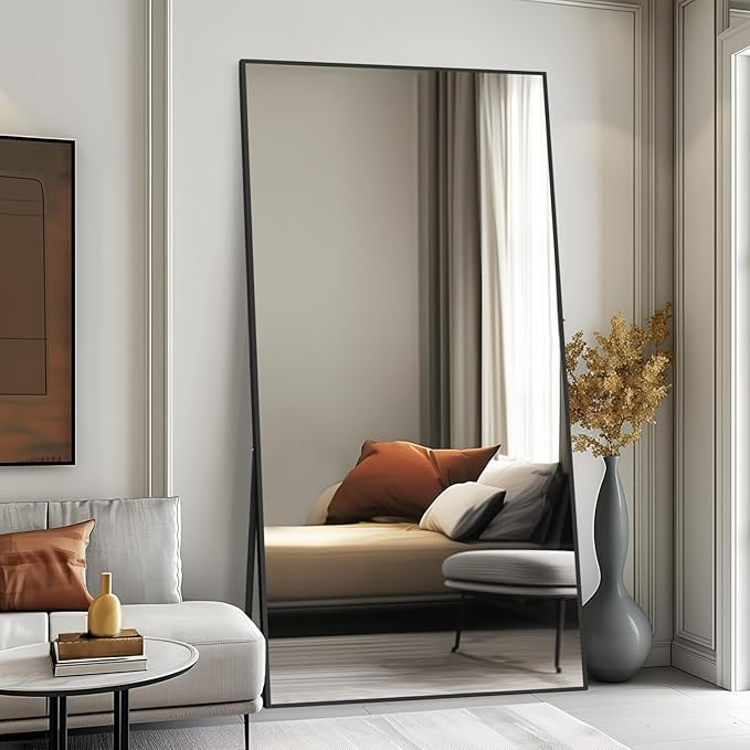 Beauty4U 76" x 34" Large Full Length Mirror with Stand, Black Wall Mounting Full Body Tempered Mirror, Metal Frame Full-Length Mirror for Living Room, Bedroom
