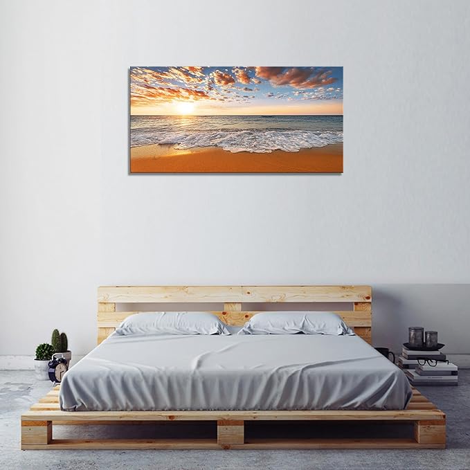 YYYYHPP YP2162 Beach Wall Art Morning Sunrise Sky Ocean Beach Waves Scenery Modern Painting Artwork for Office Wall Decor Home Decoration Stretched and Framed Ready to Hang