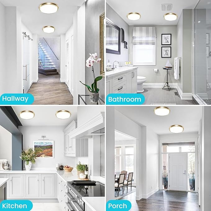zemty 6Pack LED Ceiling Light Fixture, 6.5-Inch 12W 1200lm Small Flush Mount Light, Adjustable 3000K 4000K 6500K Color Temperatures, Round Flat Recessed Lamp for Kitchen Closet Hallway Laundry, Gold