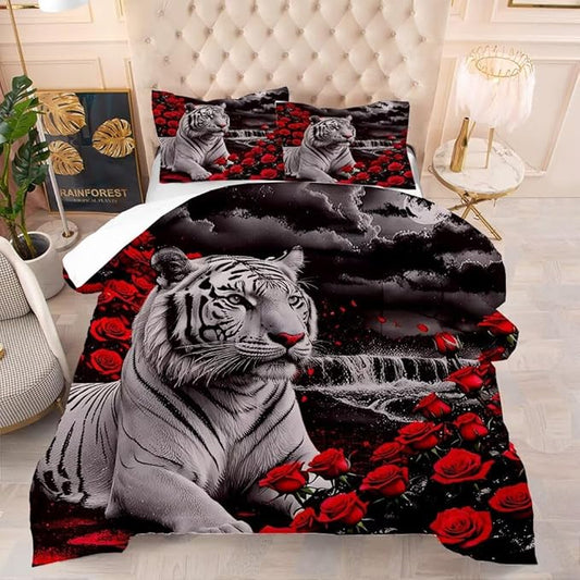 Kids Tiger Comforter Set Full Size, White Tiger Wild Animal 3 Pcs Bedding for Kids and Adults Beautiful 3D Red Rose Flower and Tiger Print Soft Comforter Set for Bedroom Bed Decor