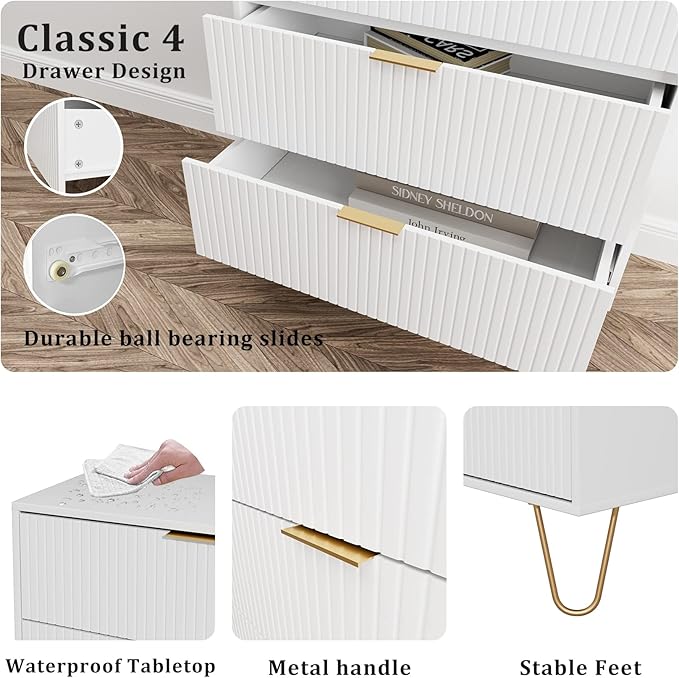Masupu 4 Drawer Dresser, Drawer Chest, Tall Storage Chest Cabinet Organizer Unit with Metal Legs, Small Dresser for Bedroom, Living Room, Closet, Hallway White Stripe