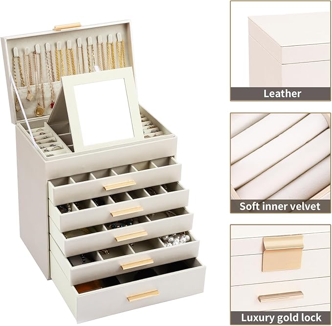 BOOVO Jewelry Box for Women, Gold 6 Layer Large Jewelry Organizer with Glass Lid for Necklace, Bracelet, Earrings, Rings Storage, Jewelry Organizers and Storage for Girls Gift (Champagne, 6 layer)