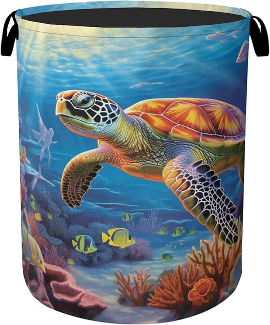 Sea Turtle Large Clothes Hamper Bag - Laundry Basket with Handles, Space Saving Foldable Design for Nursery