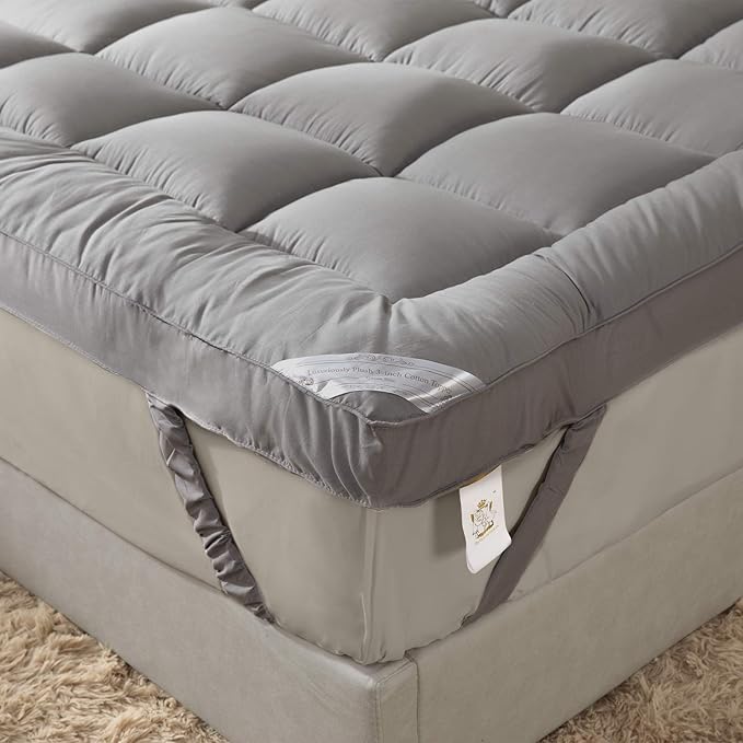 Soft Pillow Top Mattress Topper King for Firm Mattress - Grey, Extra Thick Plush Bed Topper for Back Pain with 100% Cotton Cover, Overfilled Soft Mattress Pad Cover Fit to 6”-22” Mattress.