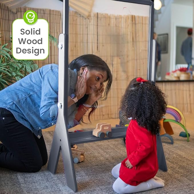 Little Partners Peek-A-Boo Art Toddler Easel, Children's Two-Sided Adjustable Height Clear Acrylic Paint Station for Kids with Built-in Storage, Eraser, Paint Containers (Earl Grey)