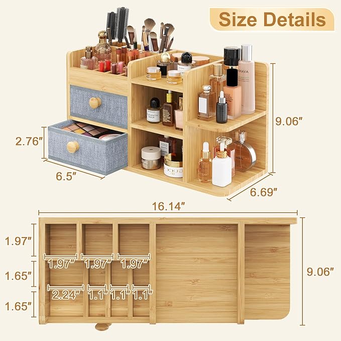 Bamboo Makeup Organizer Countertop For Vanity Dresser,Large Bathroom Counter Organizers And Storage,Cosmetic Skincare Perfume Organizer With 3 Makeup Brush Holder/2 Drawers/5 Shelves /8 Compartments