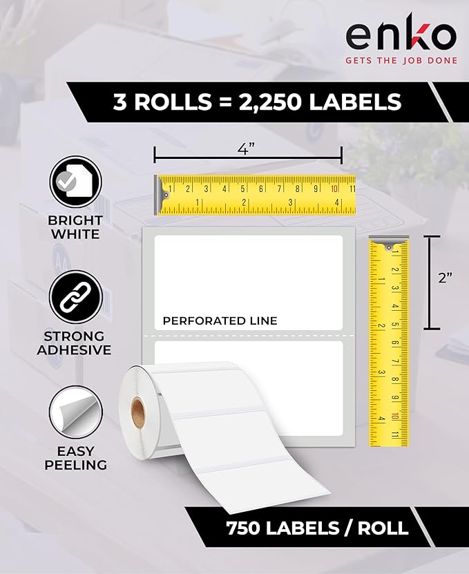 enKo 4" x 2" Labels for Zebra Desktop Printers (3 Rolls | 2,250 Labels) Direct Thermal Address Mailing Shipping Barcode FBA Stickers FNSKU Label for Zebra and Eltron (Perforated)