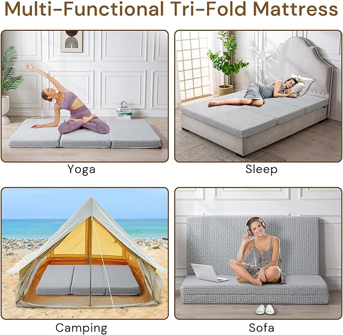 Foldable Mattress, 4 Inch Memory Foam Guest Floor Mat, Tri Folding Portable Mattress for Kids and Adults, Washable Cover, Non-Slip Design, Full Grey (Size: 53" L x 74" W x 4" Th)