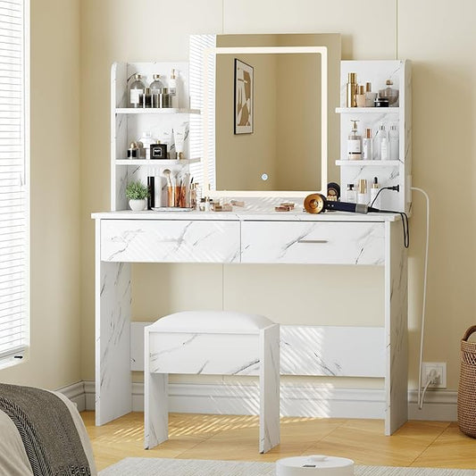 GAOMON Makeup Vanity Desk with Lights and Mirror, Vanity Table with 3 Lighting Modes, Storage Drawer, Shelves, Charging Station and Included Stool for Bedroom, Marble White