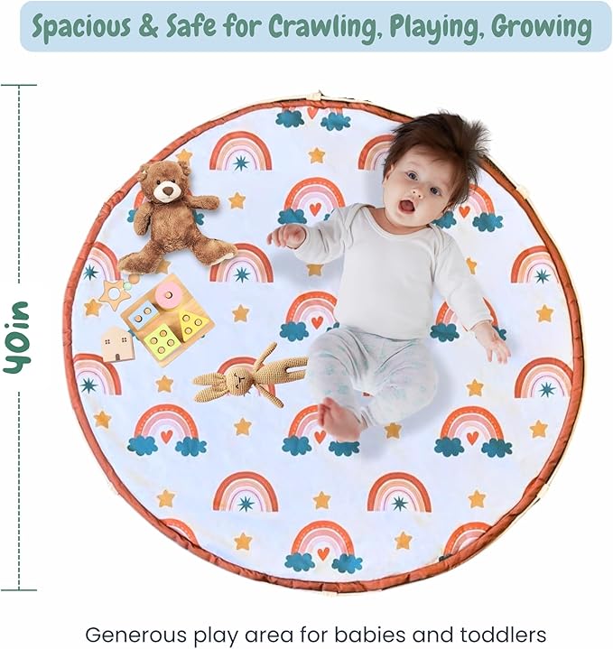 Baby Play Mat & Toy Storage Bag – 2-in-1 Foldable Activity Floor Mat and Organizer for Infants and Toddlers – Soft, Non-Toxic & Portable – Nordic Rainbow Design by Scozy
