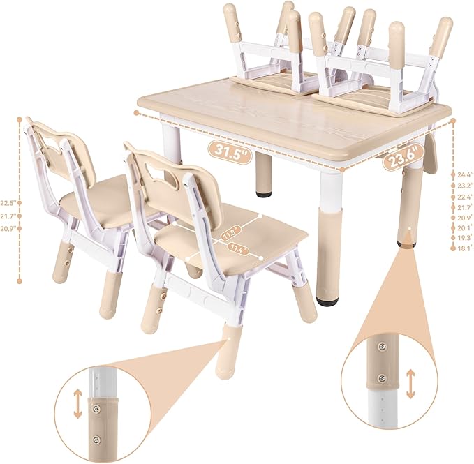 Height-Adjustable Kids Table and 4 Chairs Set, Toddler Table and Chair Set with Graffiti Desktop, 31.5''L x 23.6''W Children Activity Table for Daycare, Classroom, Home
