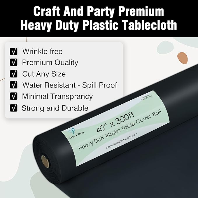Craft And Party Black Plastic Table Cover Roll, 40Inch X 300Feet Disposable Plastic Tablecloth, Banquet Rectangle Tablecover Roll