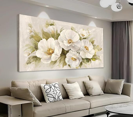 yearainn Abstract Flowers Canvas Wall Art - Beige Flower Pictures Blooming Floral Painting Wall Decor Minimalist Peony Printing Artwork for Living Room Bedroom Home Office Decorations 29" x 58"