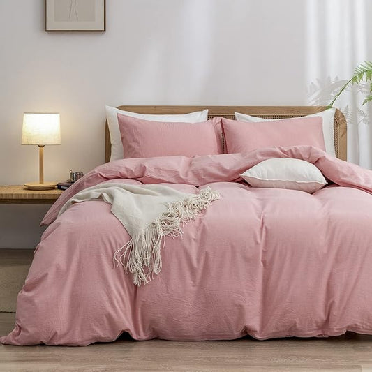 BESTOUCH Duvet Cover Set 100% Washed Cotton Linen Feel Super Soft Comfortable Chic Lightweight 3 PCs Home Bedding Set Solid Red Pink Queen