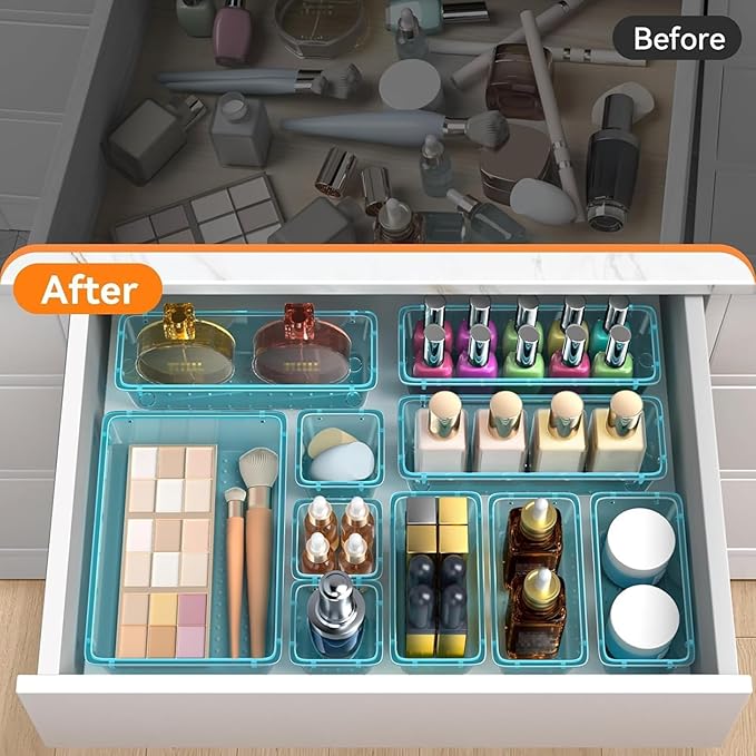 WOWBOX 40 PCS Plastic Drawer Organizer Set, 4 Sizes Desk Drawer Organization and Storage Containers for Makeup, Cosmetics, Jewelry and Gadgets in Kitchen, Bathroom, Bedroom, Office, Clear Sea Blue