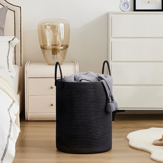 Woven Rope Laundry Hamper Basket, 72L Tall Luandry Basket, Baby Nursery Hamper for Blanket Storage in Bedroom-Large- Black