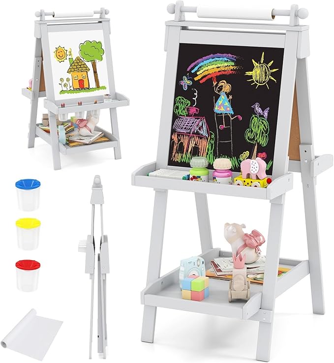OLAKIDS Easel for Kids, 3 in 1 Adjustable Painting Art Board, Foldable Double-Sided Wooden Drawing Chalkboard Magnetic Whiteboard with Paper Roll, Storage Rack, Cups for Boy Girls (Gray)