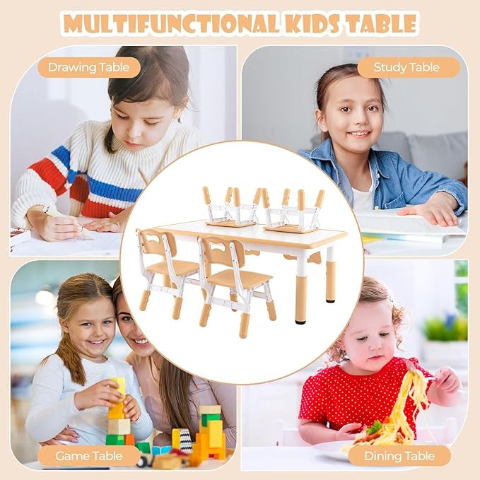 HONEY JOY Kids Table and Chair Set, Height Adjustable Children Activity Table and 4 Chairs Set w/Erasable Graffiti Desktop, Toddler Table and Chair Set for Daycare, Classroom, Home (Natural)